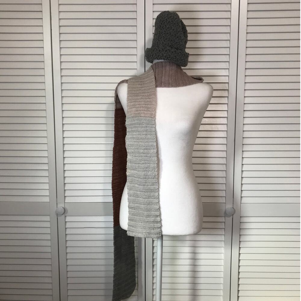 NWT Handmade Crocheted Gray Multicolor Textured Adult Beanie Scarf 84”